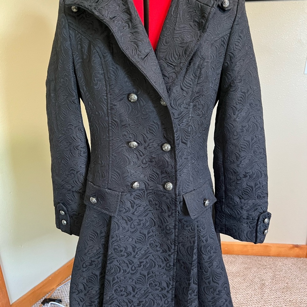 Chic Black Brocade Women's Pea Coat